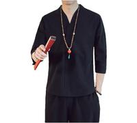 GaoLeAve Kimono im japanischen Stil für Herren, kurzes, halbärmeliges, atmungsaktives Baumwollhemd, japanische Sommer-Yukata-Feder-Strickjacke Black XXL