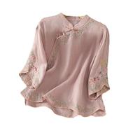 GaoLeAve Sommer schrägen Kragen chinesische Stickerei Baumwolle und Leinen kurzärmelige lose Frauen Retro-Tops mit Knöpfen Bluse Purple S