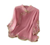 GaoLeAve Sommer schrägen Kragen chinesische Stickerei Baumwolle und Leinen kurzärmelige lose Frauen Retro-Tops mit Knöpfen Bluse Rose red S