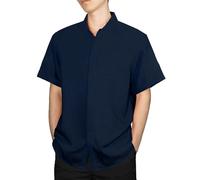 Gavliuu Leinenhemd Herren Kurzarm mit versteckten Knöpfen, Regular Fit Freizeithemd aus Leinen für Sommer und Strand, Casual Business Hemd, Marineblau,4XL