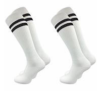 GAWILO Herren Retro Kniestrümpfe (2 Paar) | 78% Baumwolle | knielange Socken im sportlichen Look mit Komfortbund | ohne zu Verrutschen (43-46, weiß + Ringel)