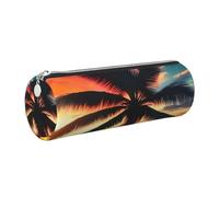 GaxfjRu Etui für Füllfederhalter, Motiv: tropische Strandpalme, Sonnenuntergang, Leder, mit Reißverschluss, weich, genarbt