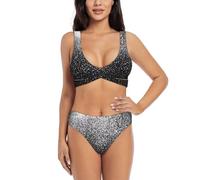GaxfjRu Glänzendes silberfarbenes Glitzer-Bikini-Set für Damen, 2-teilig, hohe Taille, bequeme Badeanzüge für Damen 2024, Schwarz , L