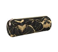 GaxfjRu Schwarze Marmor-Textur, goldfarbenes rundes Federmäppchen, Kunstleder, Aufbewahrung für Stifte, Bleistifte, Marker, kleine Gegenstände, Metall-Reißverschluss mit Leder, gold, Einheitsgröße