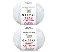 Gazzal Baby-Baumwollgarn, 60 % Baumwolle, 40 % Acryl, 2 Knäuel (Knäuel), je 50 g, 165 m, weich, 2 - feines Babygarn (3410 Weiß)