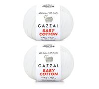Gazzal Baby-Baumwollgarn, 60 % Baumwolle, 40 % Acryl, 2 Knäuel (Knäuel) je 50 g/165 m, weich, 2 - feines Babygarn (3432 Optic White)