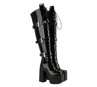 GBBRZKTB High Heels Damen Overknee Stiefel Plateau Klobigem Absatz Reißverschluss Schnalle Schnürung Hohe Stiefel Partyschuhe 12cm,Bright black-48