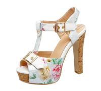 GBBRZKTB High Heels Damen Plateau Blockabsatz Print Sandalen T-Riemen Slingback Pumps Abendschuhe 12cm,White-37
