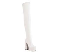 GBBRZKTB High Heels Damen Plateau Overknee Stiefel Quadratische Zehenpartie Blockabsatz Stretch Overknee Stiefel Party Tanz Abendschuhe 14cm,White-40