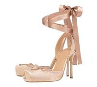 GBBRZKTB High Heels Damen Satin Ballerina Pumps Quadratischer Zehenpartie Schleife Slingback Riemchen Stiletto Sandalen Elegante Party Abendschuhe 9cm,Apricot-36