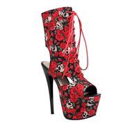 GBBRZKTB High Heels Frauen Offene Zehe Plattform Sandalen Stiefel Print Slingback Stiletto Pumps Prom Party Kleid Tanzschuhe 16cm,Red-38