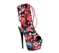 GBBRZKTB High Heels Frauen Offene Zehe Plattform Sandalen Stiefel Print Slingback Stiletto Pumps Prom Party Kleid Tanzschuhe 16cm,Black-38