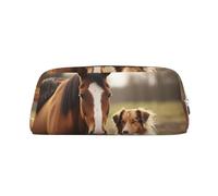 GDSHJKLW Collie Federmäppchen aus Leder mit Hund und Pferd, großes Fassungsvermögen, Stifttasche, Reißverschluss, Make-up-Tasche für Damen und Herren, Reise-Kulturbeutel, wasserdicht, Kosmetiktasche