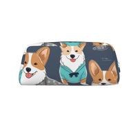 GDSHJKLW Corgi Federmäppchen aus Leder, großes Fassungsvermögen, Make-up-Tasche mit Reißverschluss, für Damen und Herren, Reise-Kulturbeutel, wasserdicht, Kosmetiktasche, weit geöffnetes Münzfach