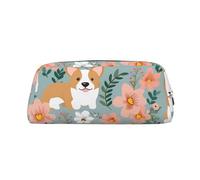 GDSHJKLW Corgi Federmäppchen mit Blumenmuster, Leder, großes Fassungsvermögen, Stifttasche, Reißverschluss, Make-up-Tasche für Damen und Herren, Reise-Kulturbeutel, wasserdicht, Kosmetiktasche, weit