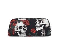 GDSHJKLW Federmäppchen aus Leder mit Rosen- und Skelett-Design, großes Fassungsvermögen, Make-up-Tasche mit Reißverschluss, für Damen und Herren, Reise-Kulturbeutel, wasserdicht, Kosmetiktasche, weit