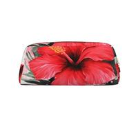 GDSHJKLW Federmäppchen aus rotem Hibiskusleder, großes Fassungsvermögen, Make-up-Tasche mit Reißverschluss, für Damen und Herren, Reise-Kulturbeutel, wasserdicht, Kosmetiktasche, weit geöffnetes