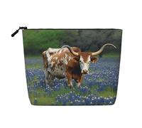 Gdshjklw Make-up-Tasche aus Leinen für Damen, wasserdicht, Reise-Kosmetik-Organizer, leichter Reißverschluss, Reise-Kulturbeutel, Organizer, Bluebonnet Longhorn Make-up-Pinsel, Aufbewahrungstasche