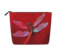 Gdshjklw Make-up-Tasche aus Leinen für Damen, wasserdicht, Reise-Kosmetik-Organizer, leichter Reißverschluss, Reise-Kulturbeutel, Organizer, Libelle auf rotem Hintergrund