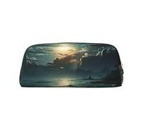 GDSHJKLW Sea Moon Federmäppchen aus Leder, großes Fassungsvermögen, Stifttasche, Reißverschluss, Make-up-Tasche für Damen und Herren, Reise-Kulturbeutel, wasserdicht, Kosmetiktasche, weit geöffnete