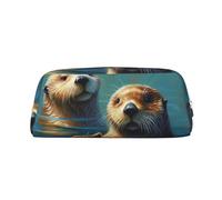 GDSHJKLW Sea Otters Federmäppchen aus Leder, großes Fassungsvermögen, Stifttasche, Reißverschluss, Make-up-Tasche für Damen und Herren, Reise-Kulturbeutel, wasserdicht, Kosmetiktasche, weit geöffnetes