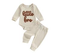 Geagodelia Baby Jungen Kleidung Outfit Babykleidung Set Langarm Body Top + Hose Neugeborene Weiche Babyset Herbst Winter Zweiteiler (Little Brother - Beige, 9-12 Monate)