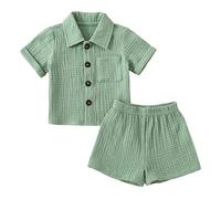 Geagodelia Baby Jungen Mädchen Musselin Kleidung Outfit Babykleidung Set Hemd Top + Hose Shorts Neugeborene Kleinkinder Weiche Babyset Sommer Zweiteiler (Kurzarm - Grün, 0-6 Monate)