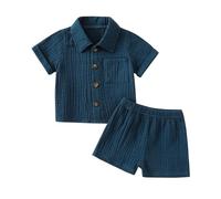 Geagodelia Baby Jungen Mädchen Musselin Kleidung Outfit Babykleidung Set Hemd Top + Hose Shorts Neugeborene Kleinkinder Weiche Babyset Sommer Zweiteiler (Kurzarm - Navy, 0-6 Monate)