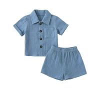 Geagodelia Baby Jungen Mädchen Musselin Kleidung Outfit Babykleidung Set Hemd Top + Hose Shorts Neugeborene Kleinkinder Weiche Babyset Sommer Zweiteiler (Kurzarm - Blau, 12-18 Monate)