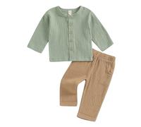 Geagodelia Baby Jungen Mädchen Musselin Kleidung Outfit Babykleidung Set Hemd Top + Hose Shorts Neugeborene Kleinkinder Weiche Babyset Sommer Zweiteiler (Langarm - Grün & Khaki, 6-12 Monate)
