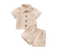 Geagodelia Baby Jungen Mädchen Musselin Kleidung Outfit Babykleidung Set Hemd Top + Hose Shorts Neugeborene Kleinkinder Weiche Babyset Sommer Zweiteiler (Kurzarm - Beige, 0-6 Monate)