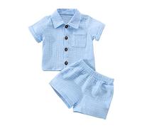 Geagodelia Baby Jungen Mädchen Musselin Kleidung Outfit Babykleidung Set Hemd Top + Hose Shorts Neugeborene Kleinkinder Weiche Babyset Sommer Zweiteiler (Kurzarm - Hellblau, 18-24 Monate)