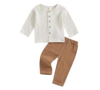 Geagodelia Baby Jungen Mädchen Musselin Kleidung Outfit Babykleidung Set Hemd Top + Hose Shorts Neugeborene Kleinkinder Weiche Babyset Sommer Zweiteiler (Langarm - Weiß & Braun, 18-24 Monate)