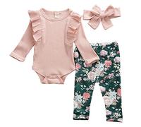 Geagodelia Babykleidung Set Baby Mädchen Langarm Body Strampler + Blumen Hose + Stirnband Neugeborene Kleinkinder Warme Babyset Kleidung T-38207 (12-18 Monate, Pink)