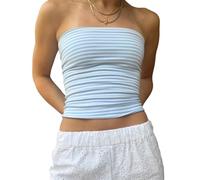 Geagodelia Damen Bandeau Top Sexy Tube Top Trägerloses Schulterfreies Oberteile Y2k Fashion Aesthetic Clothes Sommer Outfit Rückenfreies Crop Tops Streetwear (Blau Streifen, L)