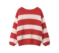Geagodelia Damen Gestreifter Pullover Oversize Warmer Strickpullover Pulli Frauen Elegant Langarm Rundhals Winterpullover Damenpullover Oberteil Top Herbst Winter (Rot & Weiß, M)