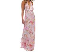 Geagodelia Damen Neckholder Sommerkleid Lang Sommer Sexy Rückenfreie Kleider Maxikleider Luftige Leichte Boho Kleid Blumenkleid Vintage Sundress Floral Dress (Pink, M)