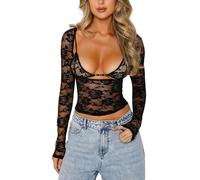 Geagodelia Damen Sexy Spitze Oberteil Mesh Top Elegant Transparent Langarmshirt Bluse Y2k Fashion Aesthetic Clothes Streetwear Clubwear Sommer (A - Schwarz, M)