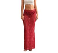 Geagodelia Damen Spitze Maxirock Lang Sexy Durchsichtige Maxi Rock Spitzenrock Elegant Weiche Mesh Sommerrock Strandrock Sommer (Rot, S)