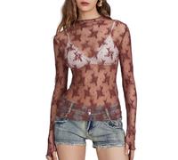 Geagodelia Damen Spitze Oberteil Sexy Mesh Top Elegant Transparent Langarmshirt Y2k Fashion Aesthetic Clothes Streetwear Clubwear Sommer Outfit (A - Braun, M)
