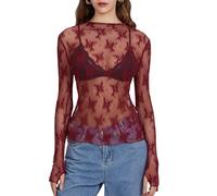 Geagodelia Damen Spitze Oberteil Sexy Mesh Top Elegant Transparent Langarmshirt Y2k Fashion Aesthetic Clothes Streetwear Clubwear Sommer Outfit (A - Rot, L)