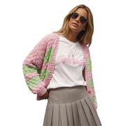 Geagodelia Damen Strickjacke Elegante Langarm Strick Cardigan Pullover Strickpullover Strickweste Y2k Knitted Sweater Top Frühling Herbst Pulli (Pink & Grün, XL)