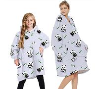 Geagodelia Oversized Hoodie Pullover für Damen Herren Kinder Kuschelig Fleece Oodie Decken Hoodie, Hoodie Decke zum Anziehen Kuschelpullover Hausanzug Kapuzenpullover (Hellgrau - Panda 02, 7-12 Jahre)