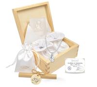 Geburt Geschenk Set Mädchen Jungen Kette Silber 925 Engel-Motiv Baby Schuhe Glückwunschkarte Märchen Schutzengel Holz Schatulle Geschenk zur Taufe