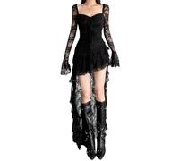 Gediffwer Damen Langarm Hohe Taille Bodycon Layered Asymmetrischer Saum Spitzenkleid Elegant Low-Cut A Line Night Out Kleid, Schwarz , M