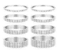 GEEHUA 8 teiliges Strass Armband Set, 16-20 cm Umfang Stapelbare Strass Stretch Armreif Kristall Silber Funkelndes Braut Armband Tennis Armband Set für Frauen Bräute (silber)