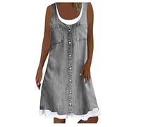 Gefälschtes zweiteiliges Imitat Jeanskleid Damen Lässiges Minikleid mit Blumendruck Ärmelloses Trägerkleid Skater Kleider A Linie Kleid Lockeres knielanges Freizeitkleid Urlaub Strandkleid Partykleid