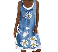 Gefälschtes zweiteiliges Imitat Jeanskleid Damen Lässiges Minikleid mit Blumendruck Ärmelloses Trägerkleid Skater Kleider A Linie Kleid Lockeres knielanges Freizeitkleid Urlaub Strandkleid Partykleid