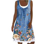 Gefälschtes zweiteiliges Imitat Jeanskleid Damen Lässiges Minikleid mit Blumendruck Ärmelloses Trägerkleid Skater Kleider A Linie Kleid Lockeres knielanges Freizeitkleid Urlaub Strandkleid Partykleid
