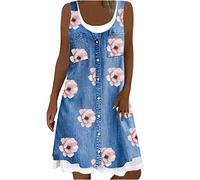 Gefälschtes zweiteiliges Imitat Jeanskleid Damen Lässiges Minikleid mit Blumendruck Ärmelloses Trägerkleid Skater Kleider A Linie Kleid Lockeres knielanges Freizeitkleid Urlaub Strandkleid Partykleid